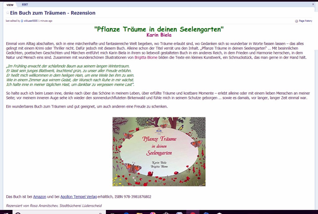 Wiki-Seite mit einer Rezension zum Buch von Karin Biela "Pflanze Träume in deinen Seelengarten"