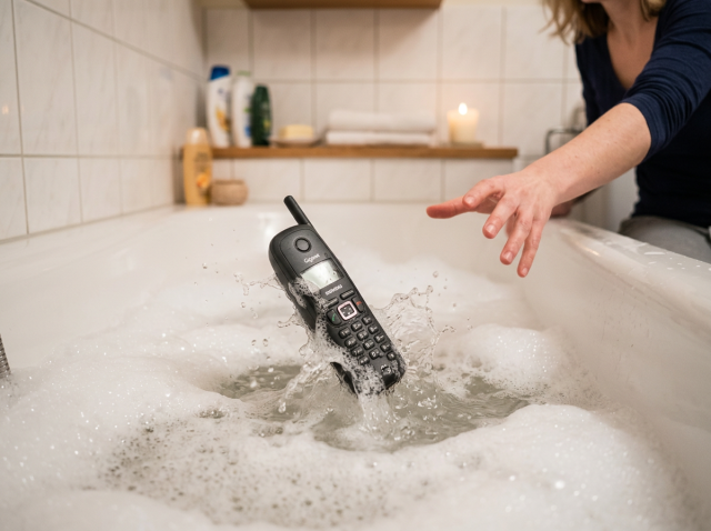 Cordless phone splashing into a bubble-filled bathtub as a person reaches toward it